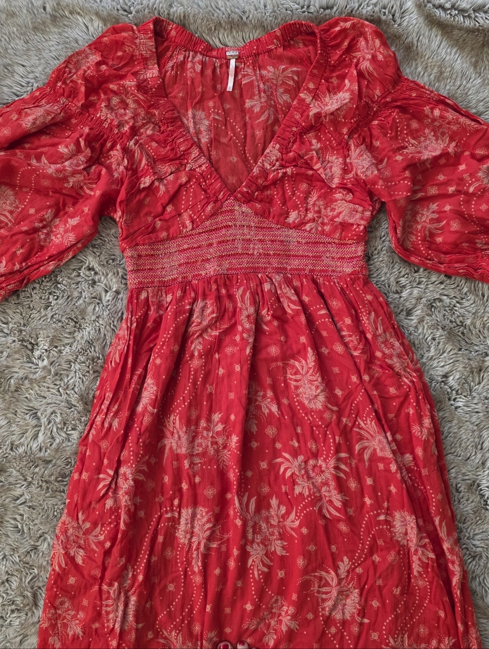 Free People Golden Hour Maxi Dress Red Motif Floral Half Sleeve V-neck Women's - Picture 5 of 14
